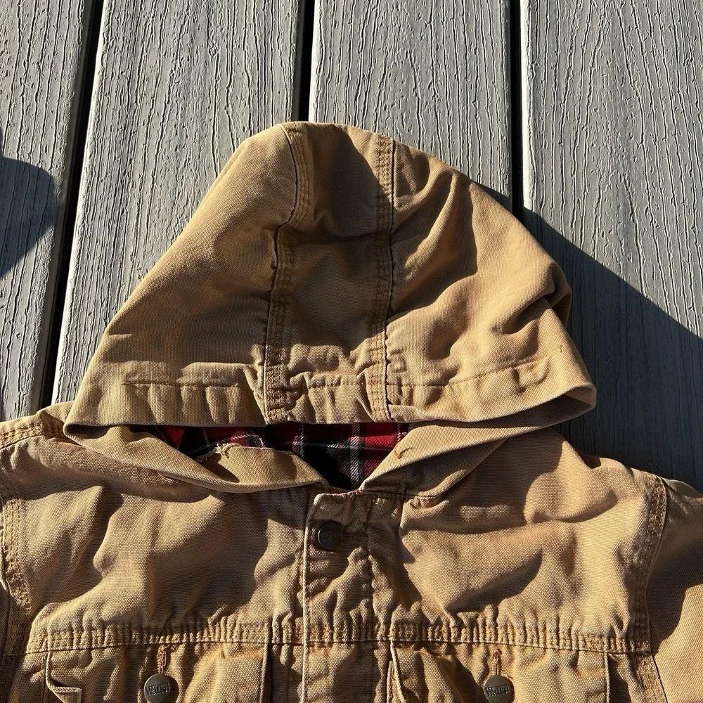 Vtg Walls Duck Canvas Hooded Work Jacket Tan Plaid Lined Chore Coat Men's Small